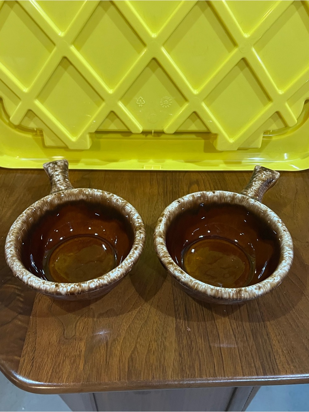 Vintage Hull Ceramic Brown Drip-Glaze Handled Casserole Soup Bowls - Set of 2